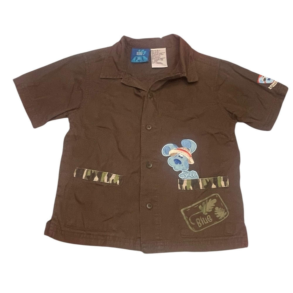 2002 Vtg Blue's Clues Camp Shirt Adventure Button Up Short Sleeve Brown Size 5T
